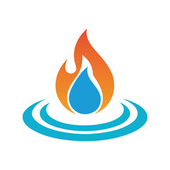 Blue water drop and orange flame symbol with blue ripples fire