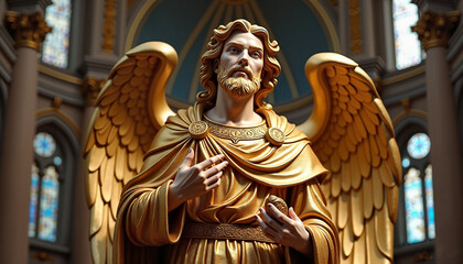 Angel statue with golden wings in a church setting
