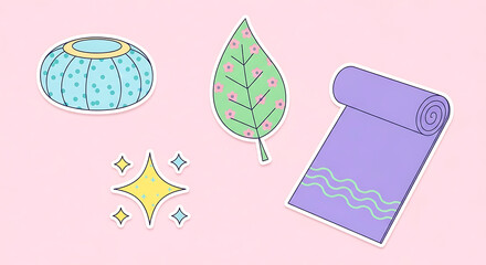 Whimsical sticker collection displaying a fusion of zen and natural motifs