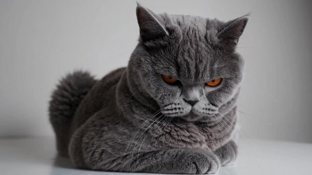 British shorthair feline with distinctive orange eyes isolated on plain white background