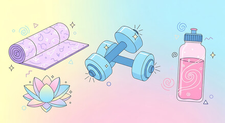 Pastel toned fitness collection including a yoga mat, dumbbells, and drink