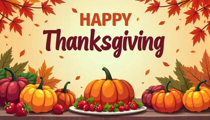 Thanksgiving decoration with pumpkins and autumn leaves

