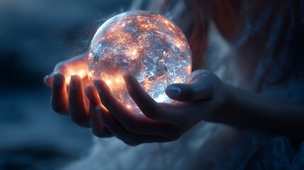 Woman holds luminous orb. Magical energy, fortune telling. Fantasy, inspiration, web graphics, spiritual concepts, marketing, book cover.