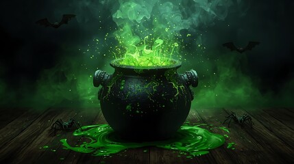 Halloween bubbling cauldron with green potion and smoke on a wooden surface with spiders and bats around it