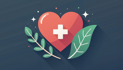 Heart with healthcare cross and green leaves
