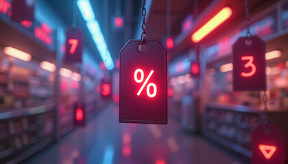 Discount tags with percentage in modern retail setting  
