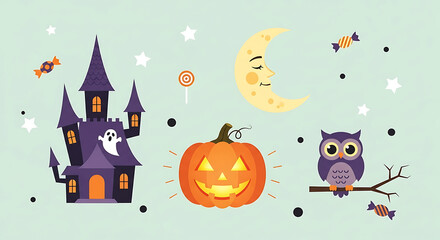 Delightful halloween cartoon scenery with castle pumpkin owl and spooky elements