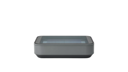Modern sleek gray rectangular soap dish with textured lid and internal drainage system isolated on transparent background