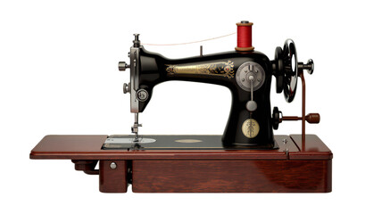 Vintage antique sewing machine with wooden base and red thread spool isolated on transparent background