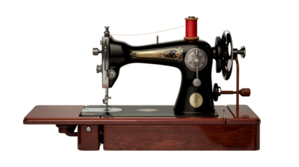Vintage antique sewing machine with wooden base and red thread spool isolated on transparent background