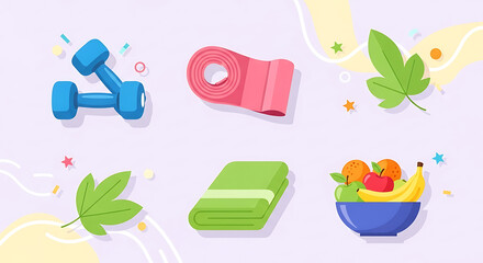 Holistic wellness illustration with dumbbells, mat, towel, and fresh fruits