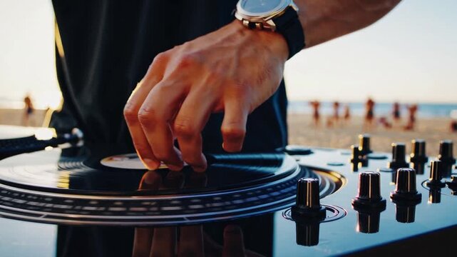 Close-Up Shot of Unrecognizable Disc Jockey Operating Turntables During Daytime Beach Party Celebration