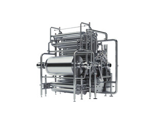 Intricate stainless steel industrial distillation unit with complex piping and tanks a sophisticated chemical processing apparatus isolated on transparent background