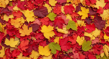 Fototapeta premium Autumn leaf texture background, showcasing red, yellow, and green maple leaves in a dense arrangement, symbolizing fall season, nature, and vibrant colors