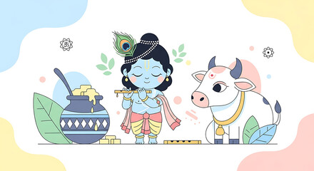 Naklejka premium Enchanting illustration of Krishna playing the flute with cow and butter pot