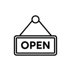A simple line drawing of a hanging open sign.