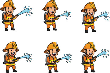 Firefighter spraying water hose, cartoon firefighter character, firefighting action, safety equipment, emergency response, fireman putting out fire, rescue worker, protective gear