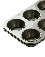 Close up perspective of a metal muffin tin with six empty cups ready for baking isolated on transparent background