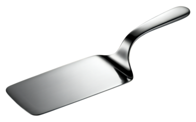 A polished stainless steel cake server with a twisted handle is presented isolated on transparent background