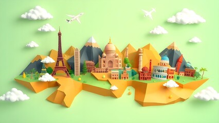 Obraz premium Save to Library Download Preview Preview Crop Find Similar File #: 792667822 Wallpaper travel illustration 3d color tourism place, landmarks world, travel day wallpaper