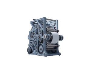 Detailed industrial printing press machine with intricate mechanical components and paper roll isolated on transparent background