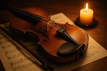Fototapeta premium A beautifully lit violin resting on sheet music next to a candle, evoking a warm, artistic atmosphere perfect for music-themed projects.