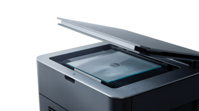 Modern flatbed scanner with open lid showing glass surface and internal mechanism isolated on transparent background