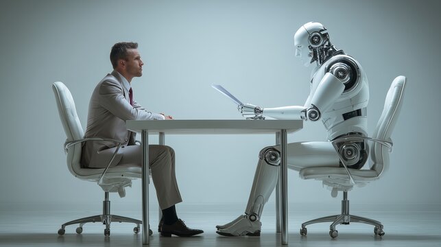 A human worker and an AI agent humanoid robot in an interview for a job at an office symbolizing AGI employment and business autonomy using ASI superintelligence during the singularity