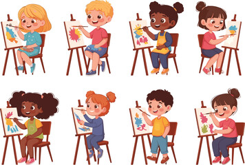 Children painting artwork, kids creative activity, young artists drawing, colorful paintings, classroom art project, children with brushes, happy kids painting, artistic expression, fun creativity