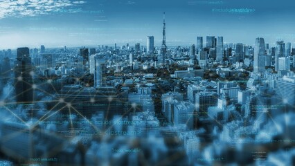 Stunning aerial view of a bustling urban cityscape adorned with technology and data overlays, highlighting the fusion of nature and modern architecture under a serene blue sky. Xenic