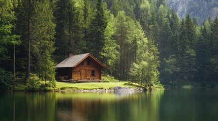 A serene wooden cabin by a tranquil lake, surrounded by lush green trees and mountains, creating a peaceful natural retreat.