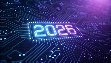2026 Integrated into Glowing Digital Motherboard and Circuit Pattern – Futuristic Tech Typography, Cyber Digital Design, Electronic Innovation Concept