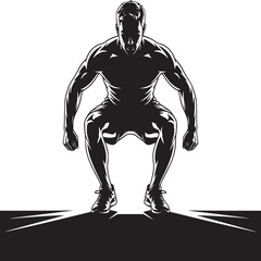 Silhouette of muscular man in squat position with athletic shoes on black and white background design