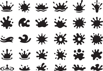 Fototapeta premium Collection of black and white water splash icons and symbols for creative design projects