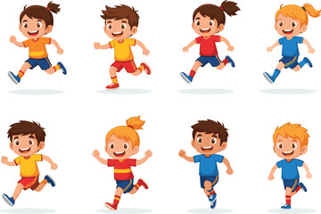 Happy running kids, diverse children exercising, active boys and girls, sportswear, healthy lifestyle, fitness, outdoor activity, cartoon illustration, joyful movement, playful energy