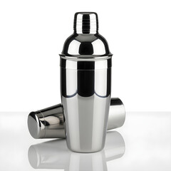 Shiny stainless steel cocktail shaker set, perfect for mixing and chilling beverages.