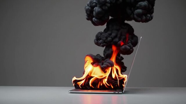 Computing device engulfed in flames on achromatic backdrop