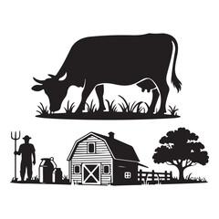 Black silhouette of a cow grazing near a farm with a farmer and milk cans barn