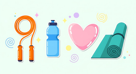 Colorful wellness illustration featuring fitness and health elements
