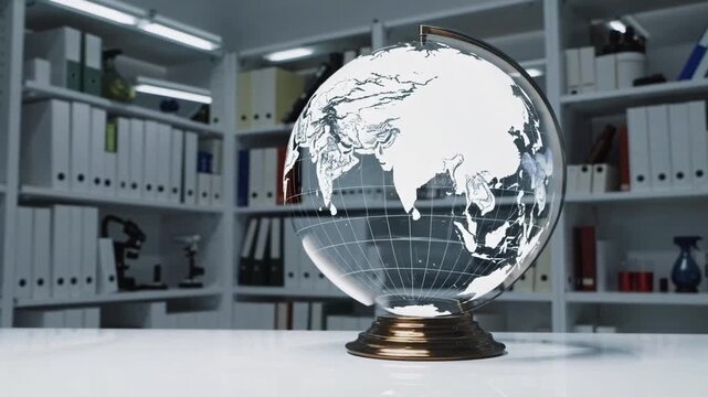 Scientific Glass Orb Containing Map Displayed Inside Laboratory Setting on Light Background