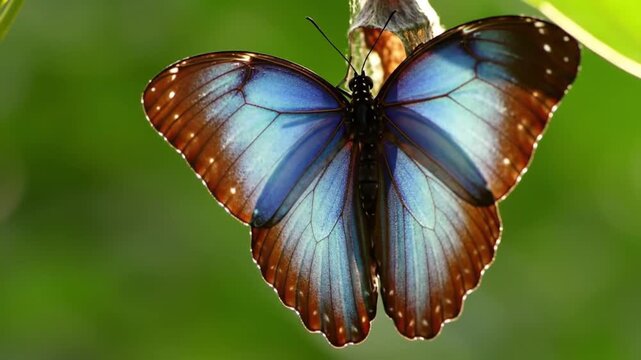 The butterfly emerges from the cocoon and spreads its wings.