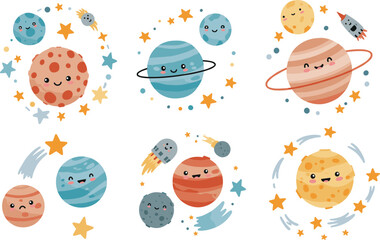 Cute cartoon smiling planets with stars, comets, rockets, space objects, playful solar system design, kids friendly, colorful outer space illustration