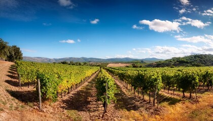 Naklejka premium expansive vineyard with rows of grapevines under a bright blue sky with scattered clouds surrounded by trees and distant hills in warm sunlight