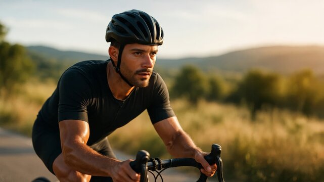 Focused cyclist riding road bike outdoors in helmet and sportswear during sunset training session. - Powered by Adobe