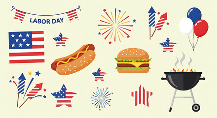 Labor Day festive gathering illustration with classic american barbecue elements