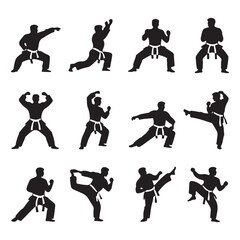 Twelve black silhouette figures of martial artists in various karate poses on white background martial arts