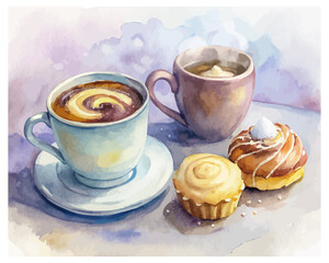 Watercolor coffee & tea cups with pastries