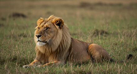 Lion resting in grass on african savannah wildlife photography