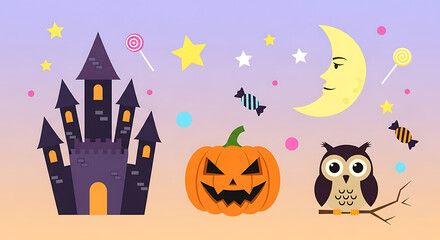 Halloween night scene with enchanted castle pumpkin owl moon and starry sky