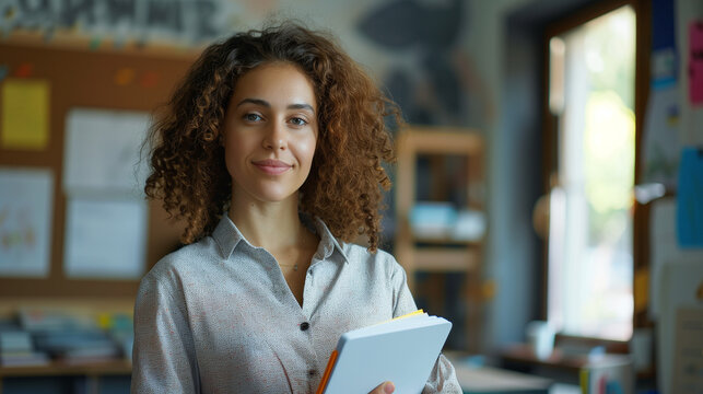 Portrait of female teacher with digital tablet textbooks looking at camera - Powered by Adobe
